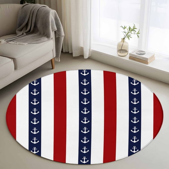 Nautical Anchor Round Area Rug 4 FT, Non Slip Indoor Outdoor Rug, Red Navy Blue White Stripe Geometric Washable Soft Circular Carpet Non-Shedding Floor Mat for Coffee Table Nursery Foyer Balcony
