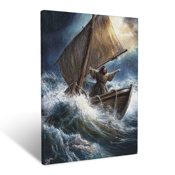 CozyNet Jesus Calming A Storm, Arms Outstretched As Waves Crash Around A Small Fishing Boat Wall Art Prints With Frame Canvas Perfect for Living Room & Bedroom, Ready to Hang, Wall Decor 12"x16"