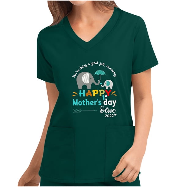 Mujeres de manga corta con cuello en V Tops Uniforme Día de la madre Impreso Bolsillos Blusa Enfermería Pompotops hkajfhjk465133