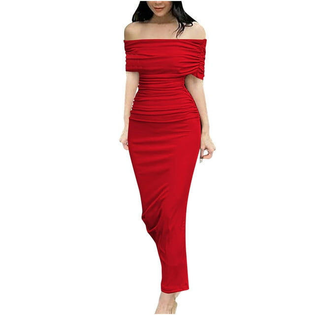 Économies d'Été! PEZHADA Robes d'Été pour Femmes, Robes à Épaules Dénudées pour Femmes, Mode Aguichant à Manches Courtes Sans Bretelles Dos Nu Haut Tube Robe Longue de Soirée Rouge
