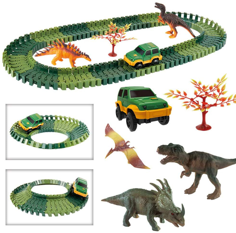 201Pcs Flexible Race Track Set with Moving Head and Sound Dinosaurs Interactive Tracks Toy for Kids Boys Girls URTOYPIA Dinosaur Toys Race Car Track 