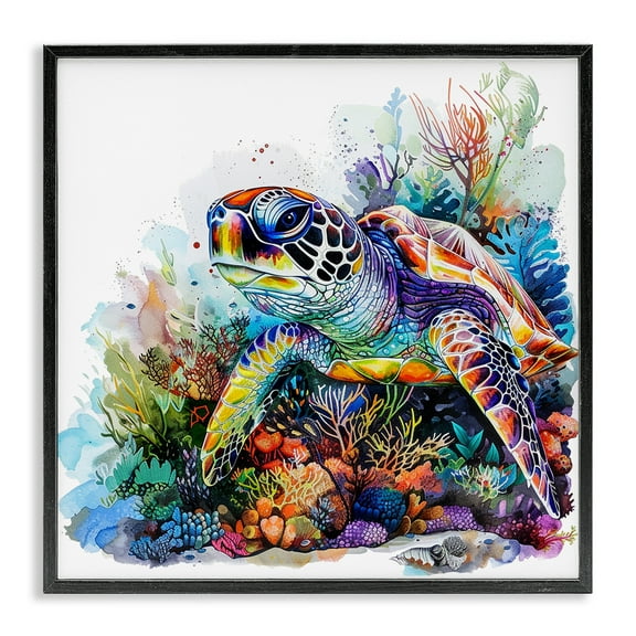 Stupell Industries Aquatic Sea Turtle Animals Painting Black Framed Art Print Wall Art, 12 x 12