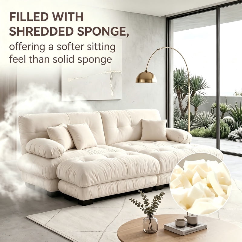 ANPPORT Cloud Couch Sleeper Sofa, Chenille Light Coffee 2-Seater Modular Sofa with 2 Ottomans, 2 Lumbar pillows,2 Pillows, Comfy Deep Seat Cloud Sofa, Convertible L-Shaped Floor Couch for Living Room