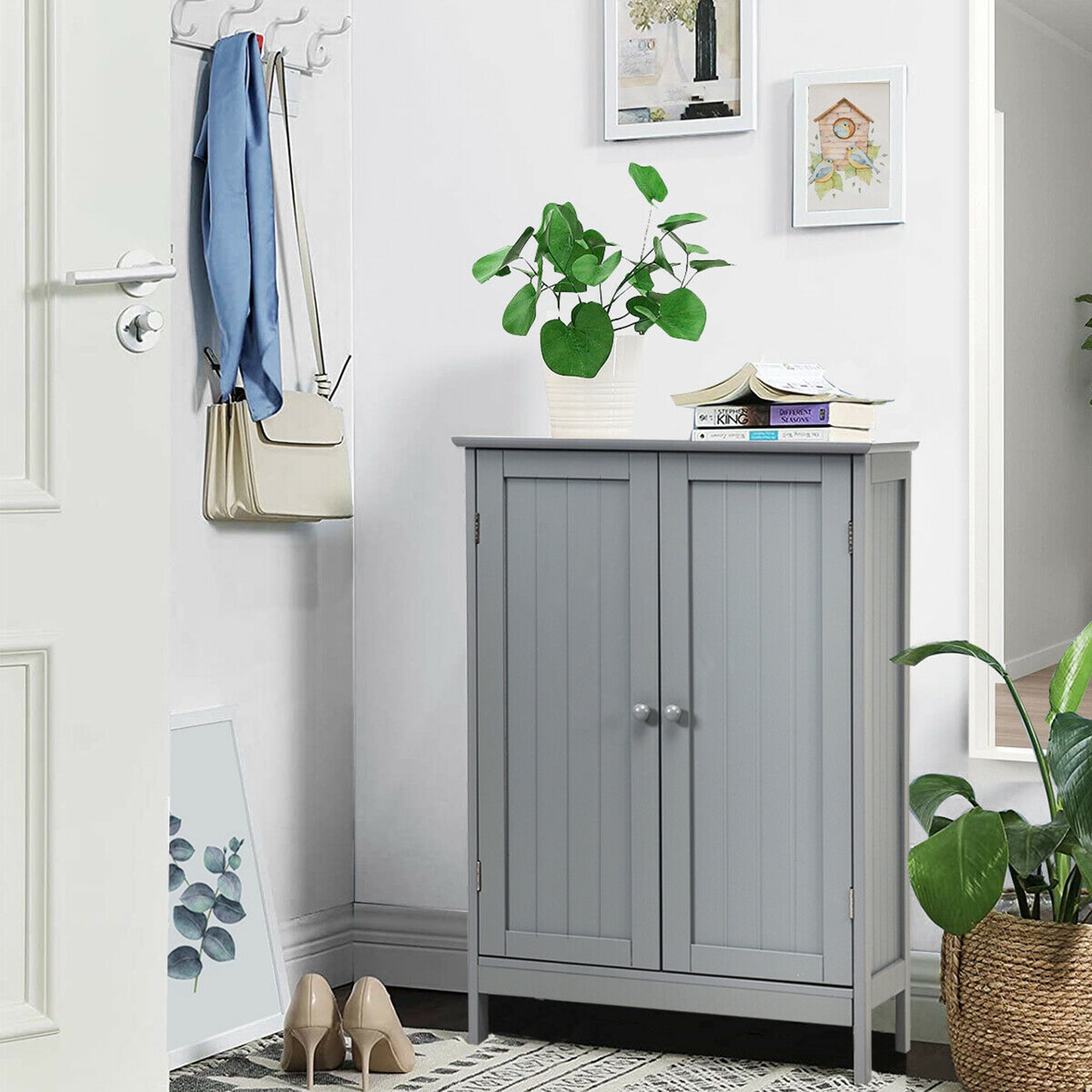 Gymax Bathroom Wooden Floor Storage Cabinet Living Room Modern Grey