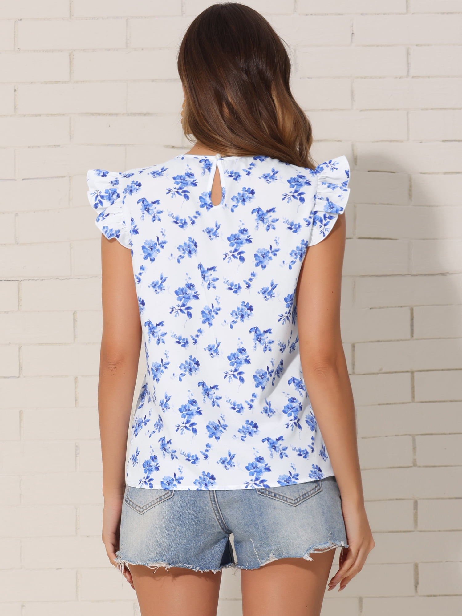 DARING DIVA Women's Round Neck Floral Ruffle Cap Sleeve Tops XS White