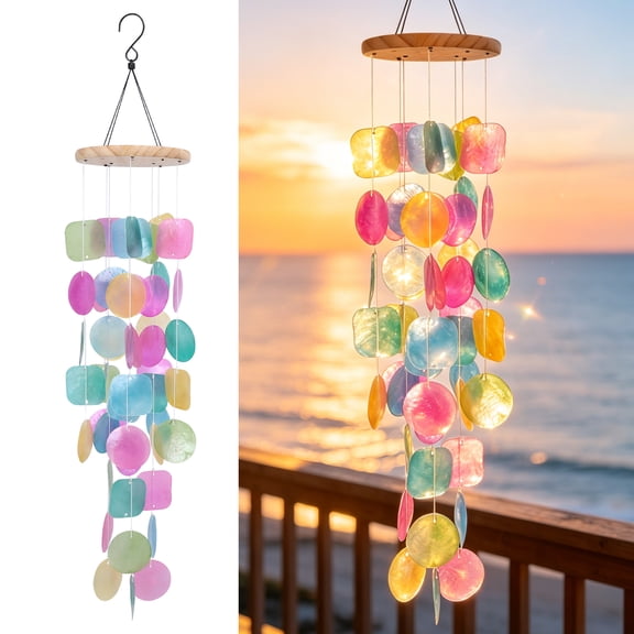 Pastel Multicolor Capiz Shell Wind Chime, Natural Seashell Wind Chime, Soft Melodic Sound Hanging Ornament for Home, Porch, Patio, Garden Decor, Boho Coastal
