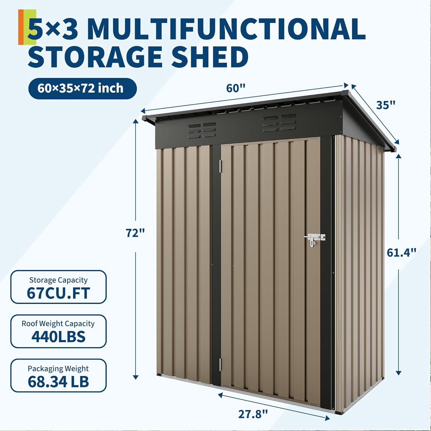 EuKer Metal Storage Sheds, 5ft x 3ft Small Outdoor Storage Shed with Lockable Door for Garden, Backyard, Brown