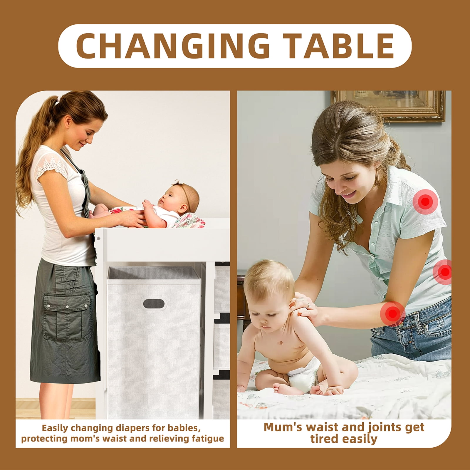 GLAF Baby Changing Table for Nursery - Diaper Changing Station with Laundry Hamper, 3 Storage Drawers, Changing Pad, and Safety Belt, White