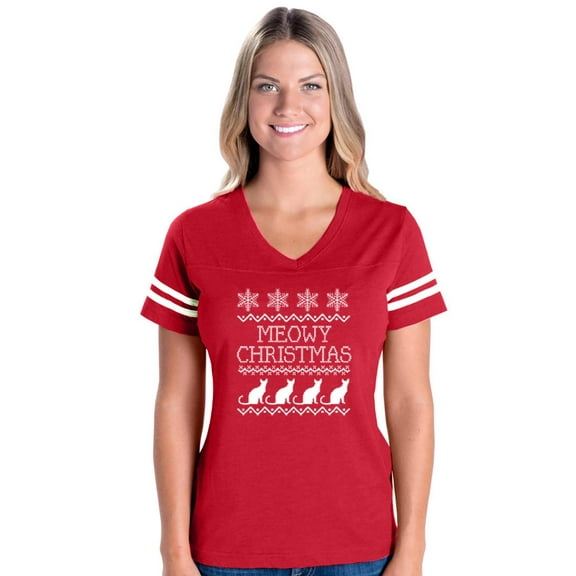 MmF - Womens Football Fine Jersey T-shirts - Christmas Kitten Meowy