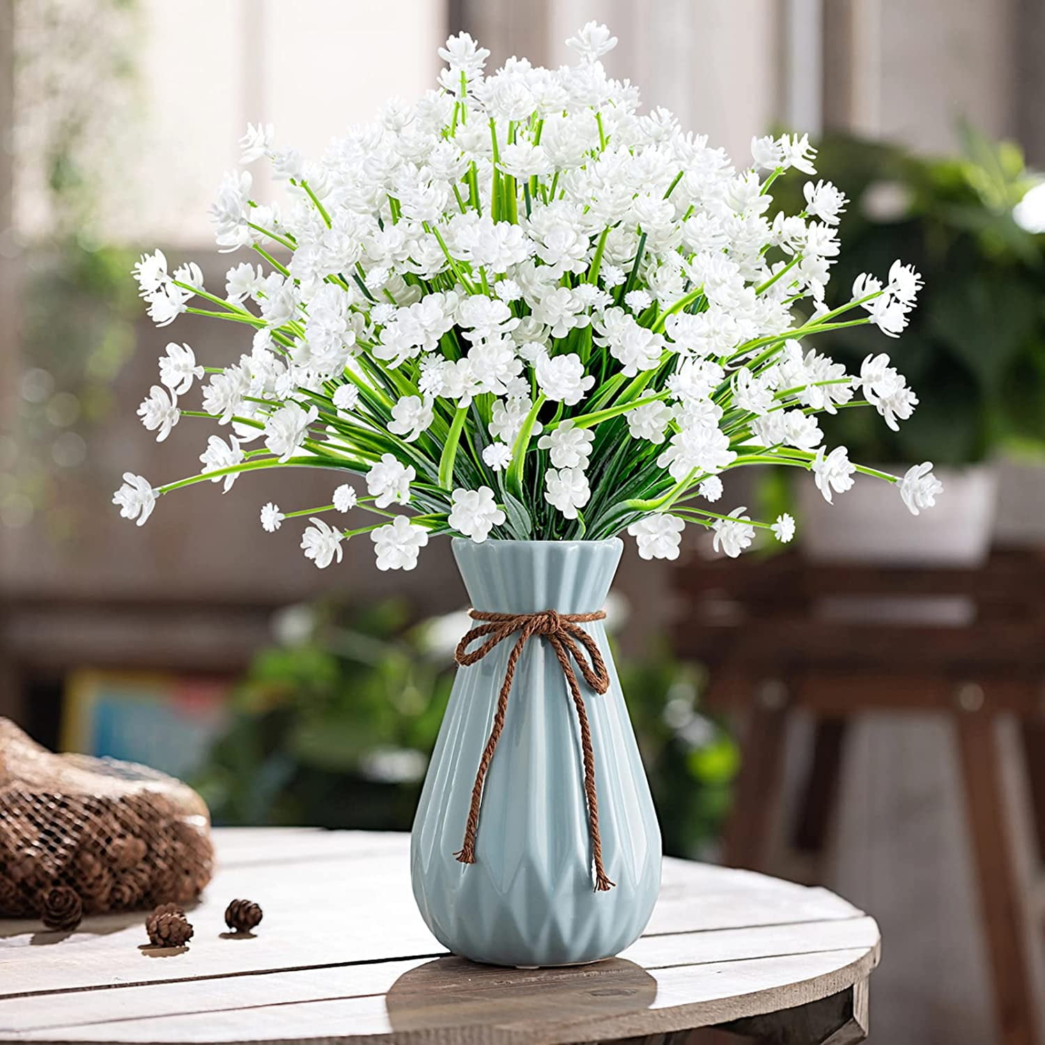 20 Bundles Artificial Flowers Outdoor UV Resistant Faux Flowers No Fade Fake Plastic Plants Garden Porch Window Box Decorating (Pure White) A