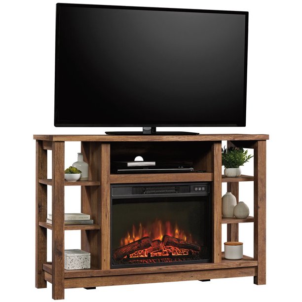 Sauder Wooden Fireplace Credenza TV Stand in Vintage Oak
