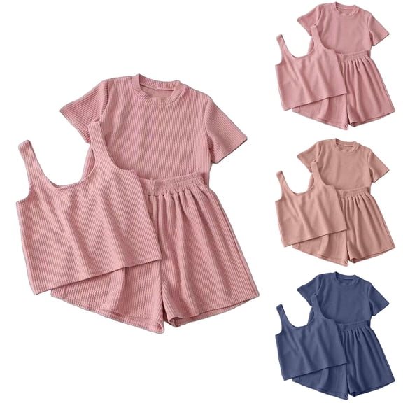 FRSASU Women's Pajamas Set 3 Piece Loungewear Soft Pajama Sets Waffle Crop Tanks and Shorts Short Sleeve Tops Sleepwear Set Pink