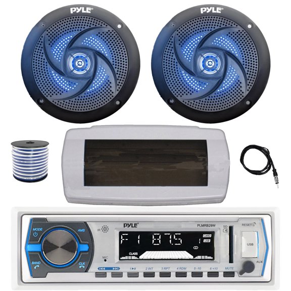Pyle PLMRB29W Single DIN Bluetooth Marine MP3 AM/FM Stereo Receiver with White Cover, 22" Radio Antenna, Wire, 2x 4" 100 Watt Peak 2-Way  Blue Flashing LED Boat Audio Speakers (Black)