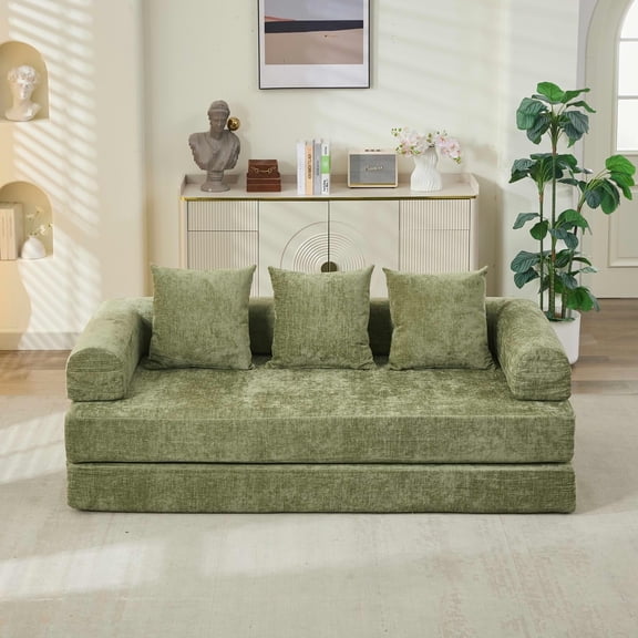 MAYEERTY 78.8" Green Chenille Convertible Floor Sofa Bed, No Assembly Modular Couch with Pillows for Living Room Studio