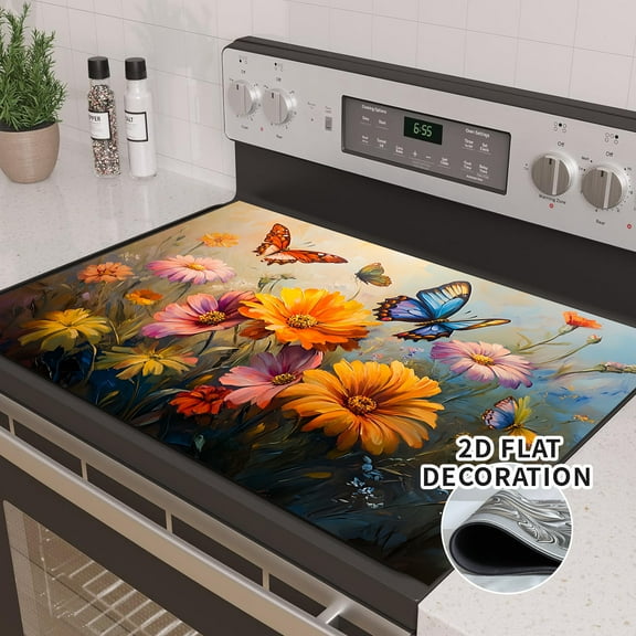 Stove Top Cover Retro Flower Gas Stove Top Cover for Home Decoration Kitchen Pad Non-Stick Washable Cooktop Covers Countertop Protector Keep Stove Clean 28"x20"