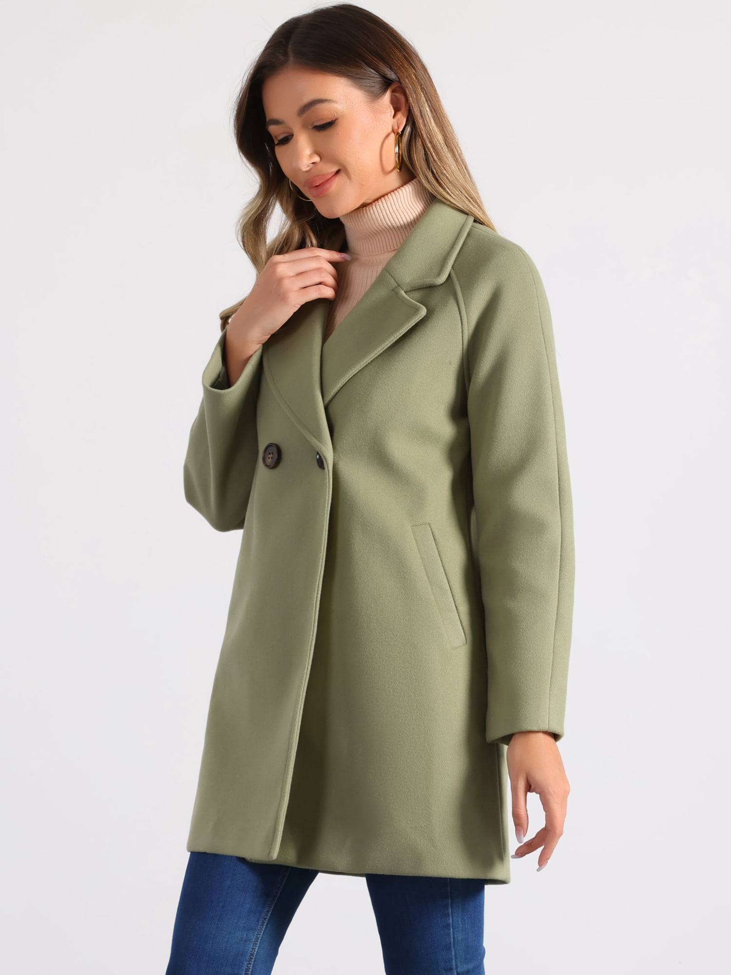DARING DIVA Women's Notched Lapel Double Breasted Raglan Sleeve Coat Pea Green S