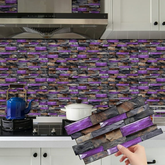 12Piece Kitchen Backsplash Tiles Stickers Wall Decals 4.72 x 9.68inch Stone Brick DIY Decor Peel and Stick Tile Purple Brown Gray