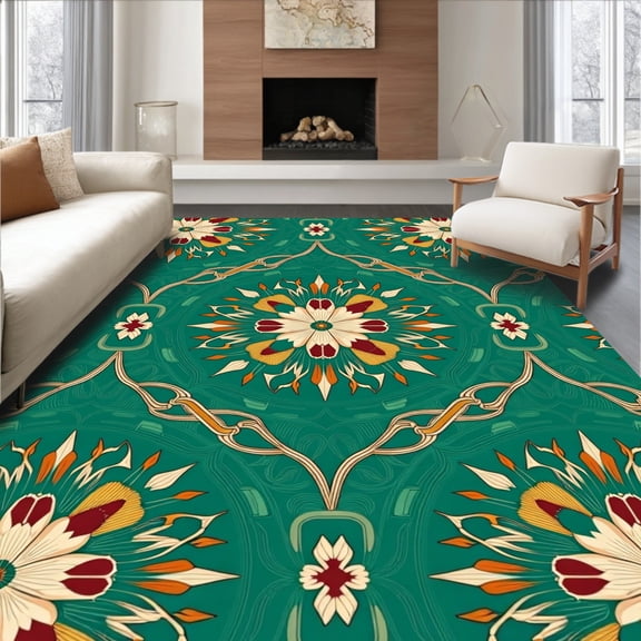 ODIKA 4'x6' Machine Washable Non-Slip Area Rug, Aristocratic Bloom With Artisanal Detail High Traffic Rug, Green, 455526