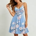thumbnail image 5 of Women's Spaghetti Strap Summer Floral Vacation Dress, Boho V Neck Sleeveless Swing Wedding Guest Beach Dresses, 5 of 7