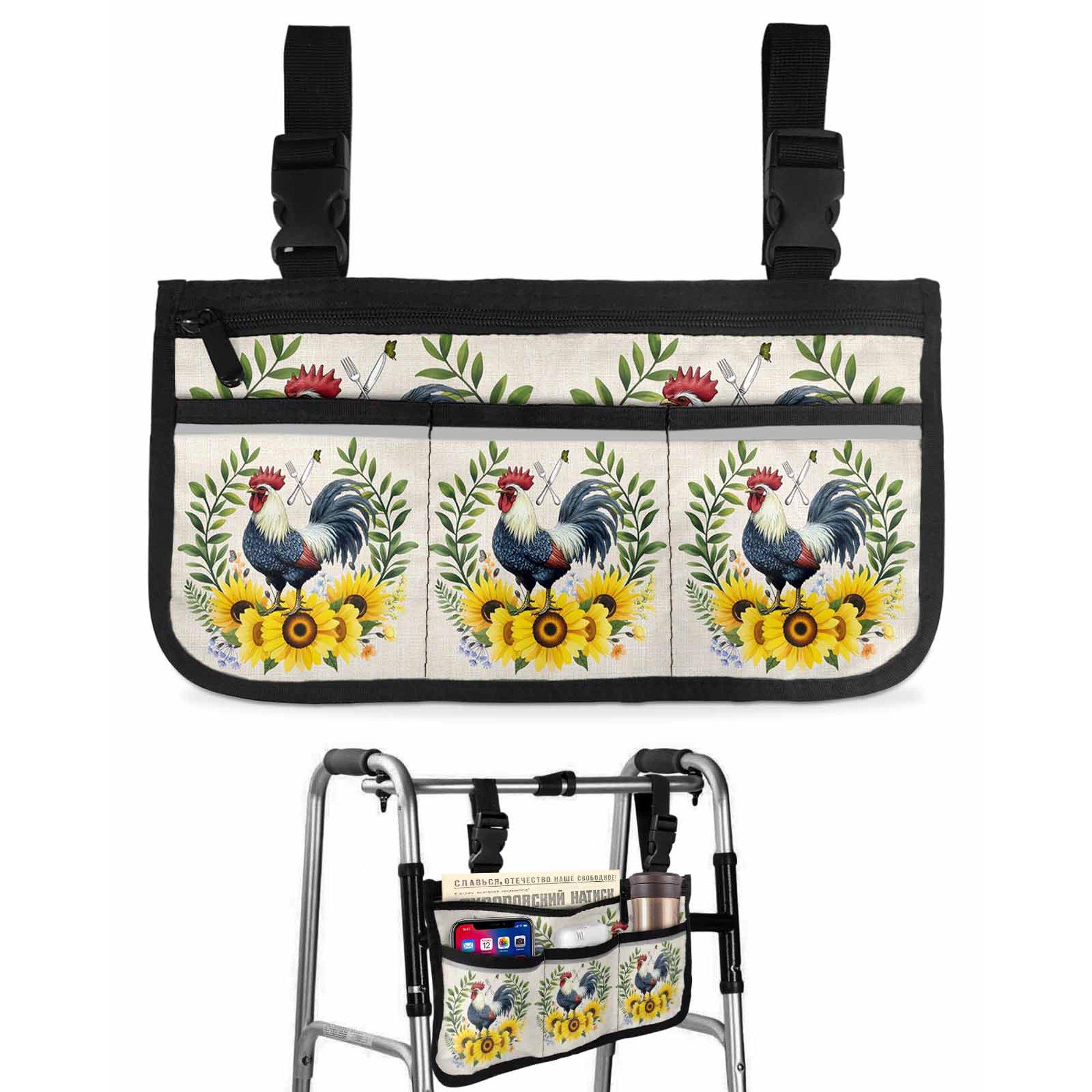 Farm Cock Wheelchair Side Bag with Cup Holder, Chicken Yellow Sunflower Green Leaf Vintage Linen Wheelchair Armrest Bag Storage Pouch Adults, Seniors for Walkers, Rollator, Scooter