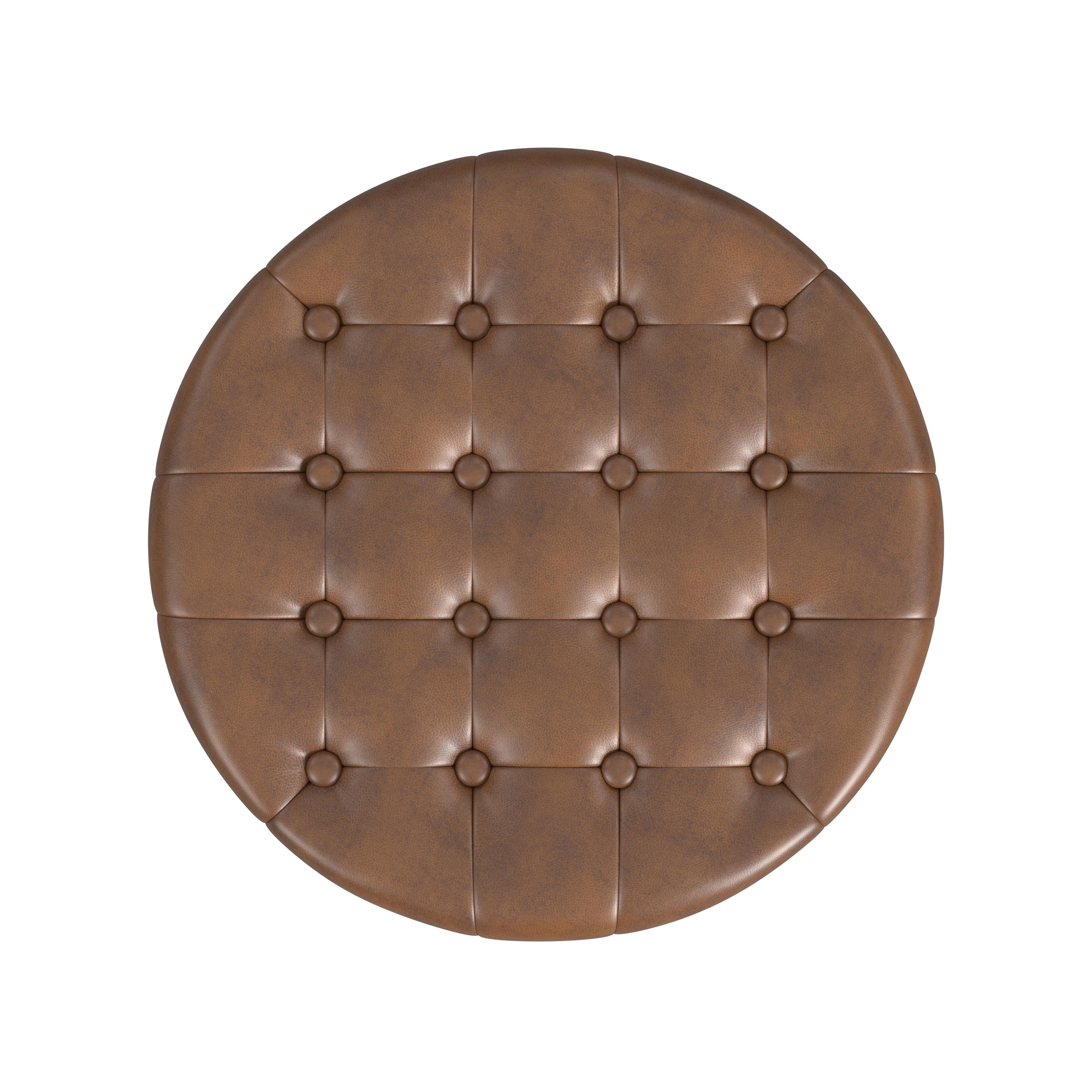 HomePop Small Round Button Tufted Storage Ottoman, Brown Faux Leather