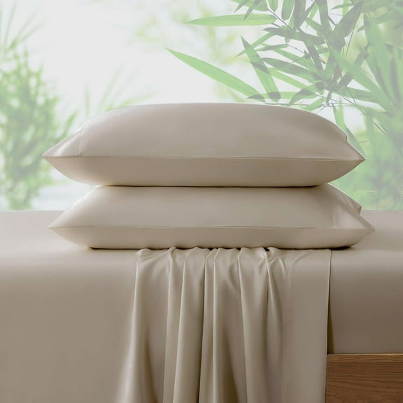 XIACOCO-4Pcs Sheets Set Full Size Rayon Derived From Bamboo Bed Sheets Soft Breathable 1 Flat Sheet, 1 Fitted Sheet, 2 Pillowcases Camel