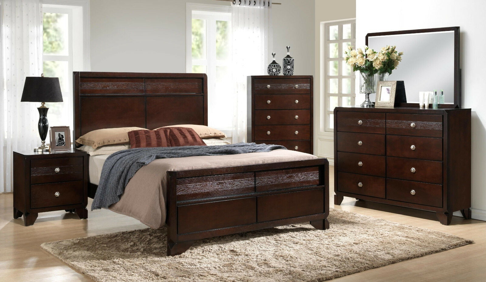 Transitional Style 4pc Chocolate Wood, Dark Brown Dresser And Nightstand
