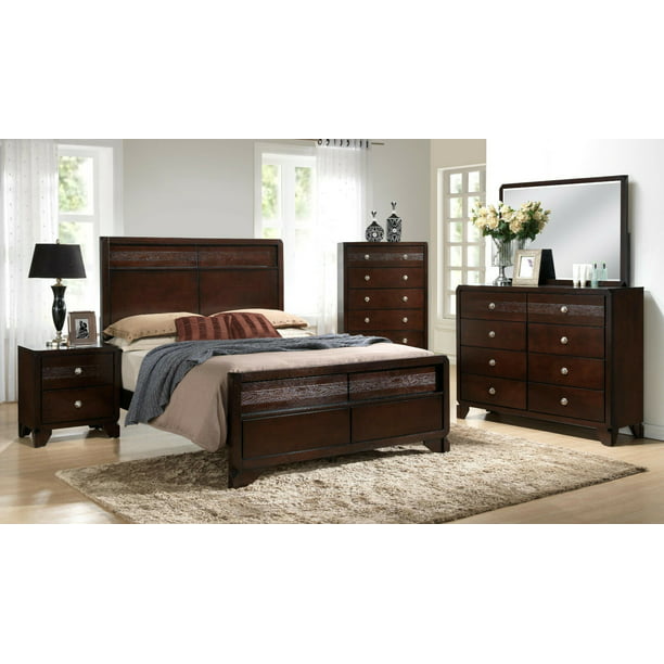 Transitional Style 4pc Chocolate Wood Bedroom Furniture Set Queen Size Bed Dresser Mirror Nightstand Walmart Com Walmart Com