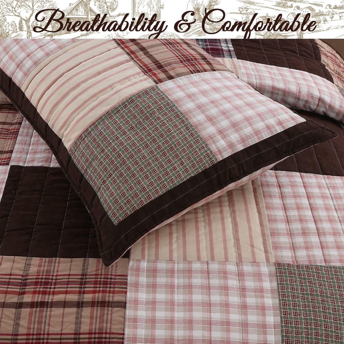 Cozy Line Heidi Chocolate Brown Plaid Grid Striped Real Patchwork 3-Piece Reversible Quilt Set King Set