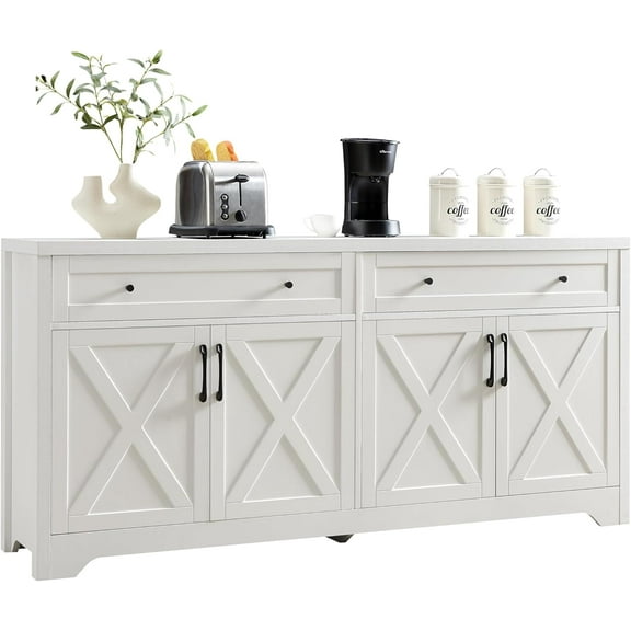 Buffet Cabinet with 2 Drawers, 62" Large Sideboard Buffet Storage Cabinet with 4 Barn Doors and Shelves,Modern Farmhouse Coffee Bar Wood Kitchen Table for Kitchen, Dining Room