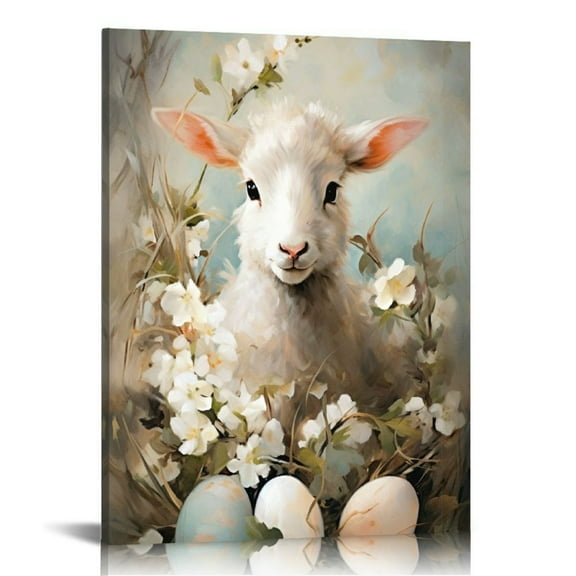 Vintage Easter lamb Eggs Print Wall Art, lamb Picture Posters Wrapped Canvas Wall Decor Artwork Painting for Bedroom, Living Room,Bathroom, Office Classic Home Decor Easter Gifts