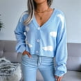 thumbnail image 3 of Women'S Casual Elegant Cloud Print Cropped Button Front Long Sleeve V Neck Knit Cardigan Blue L, 3 of 8