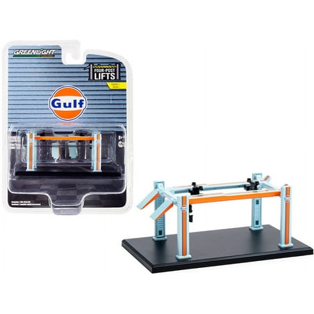 UPC: 0753569893186 | Adjustable Four-Post Lift Gulf Oil Light Blue and Orange Four-Post Lifts Series 1 1/64 Diecast Model by Greenlight