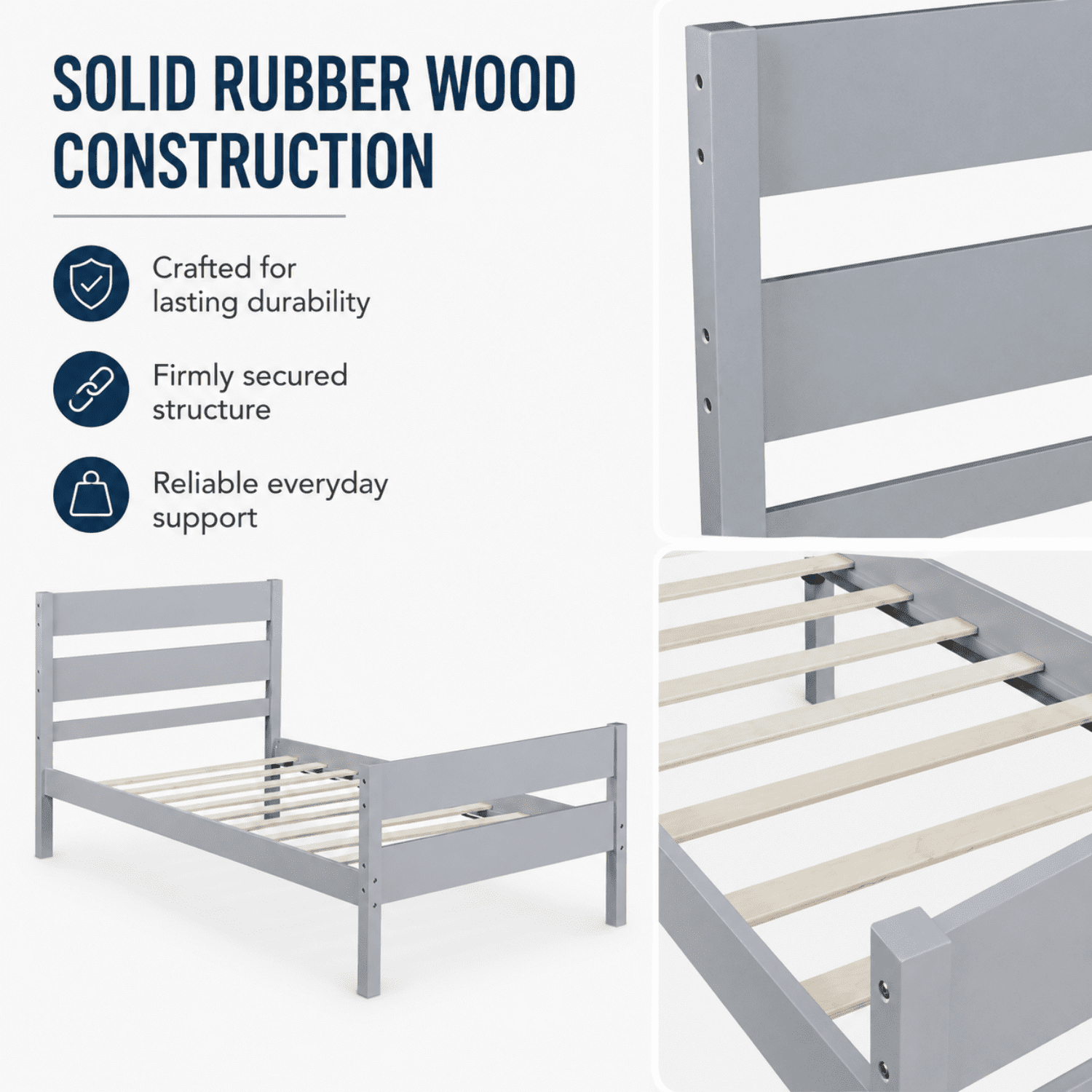Miniyam Twin Bed Frame, Solid Rubber Wood Platform Bed with Headboard and Footboard, Gray