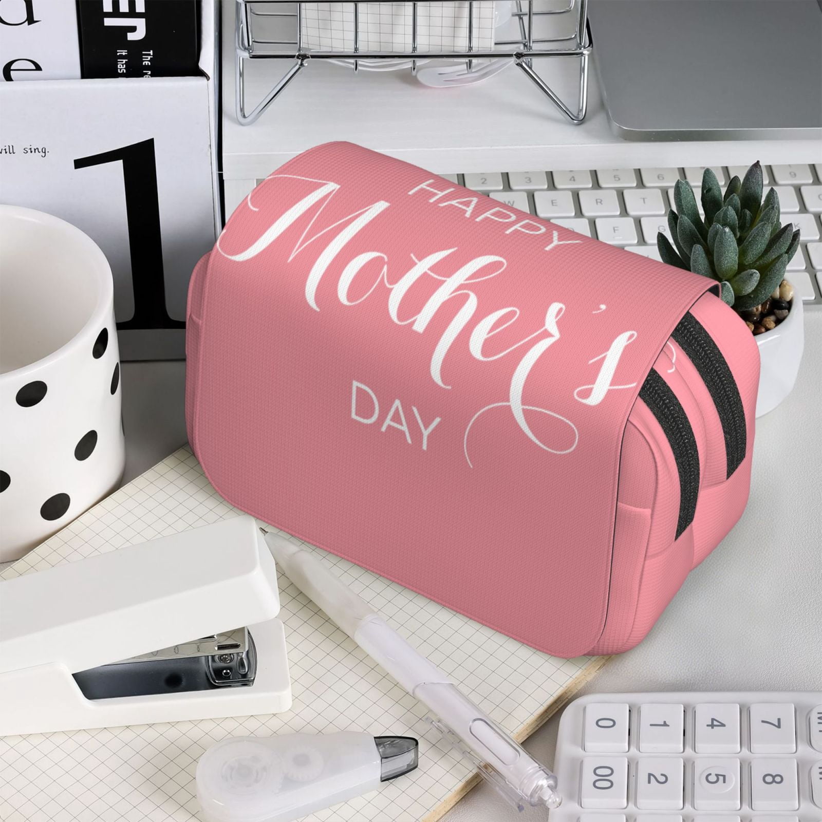 Rateoe Happy Mother's Day Pattern Double Clamshell Pen Case, Storage Organizer with Two Zipper Compartments– Holds Up to 50 Pencils & Pens