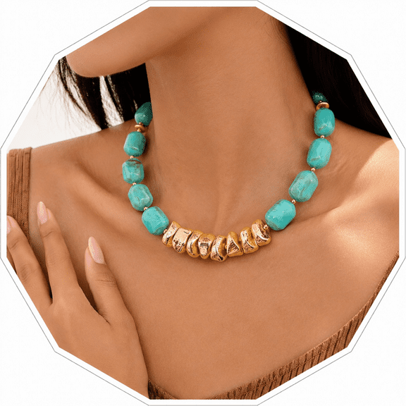 Unique Boho Chunky Beaded Necklace for Women, Colorful Large Square Bead Short Choker, Trendy Y2K Summer Vacation Statement Jewelry Perfect Gift