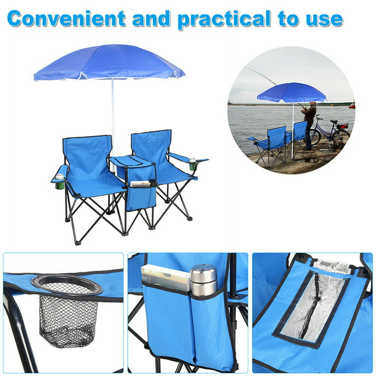 Double Portable Picnic Chair Folding Camping Chair with Umbrella