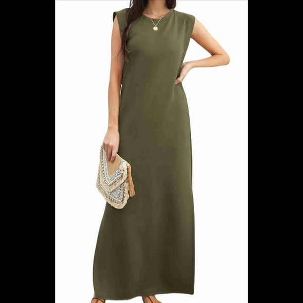 Vestido Maxi de Verano 2025 para Mujer, Informal, Holgado, con Abertura, Sin Arrugas, con Cuello Redondo y Bolsillos, Verde M