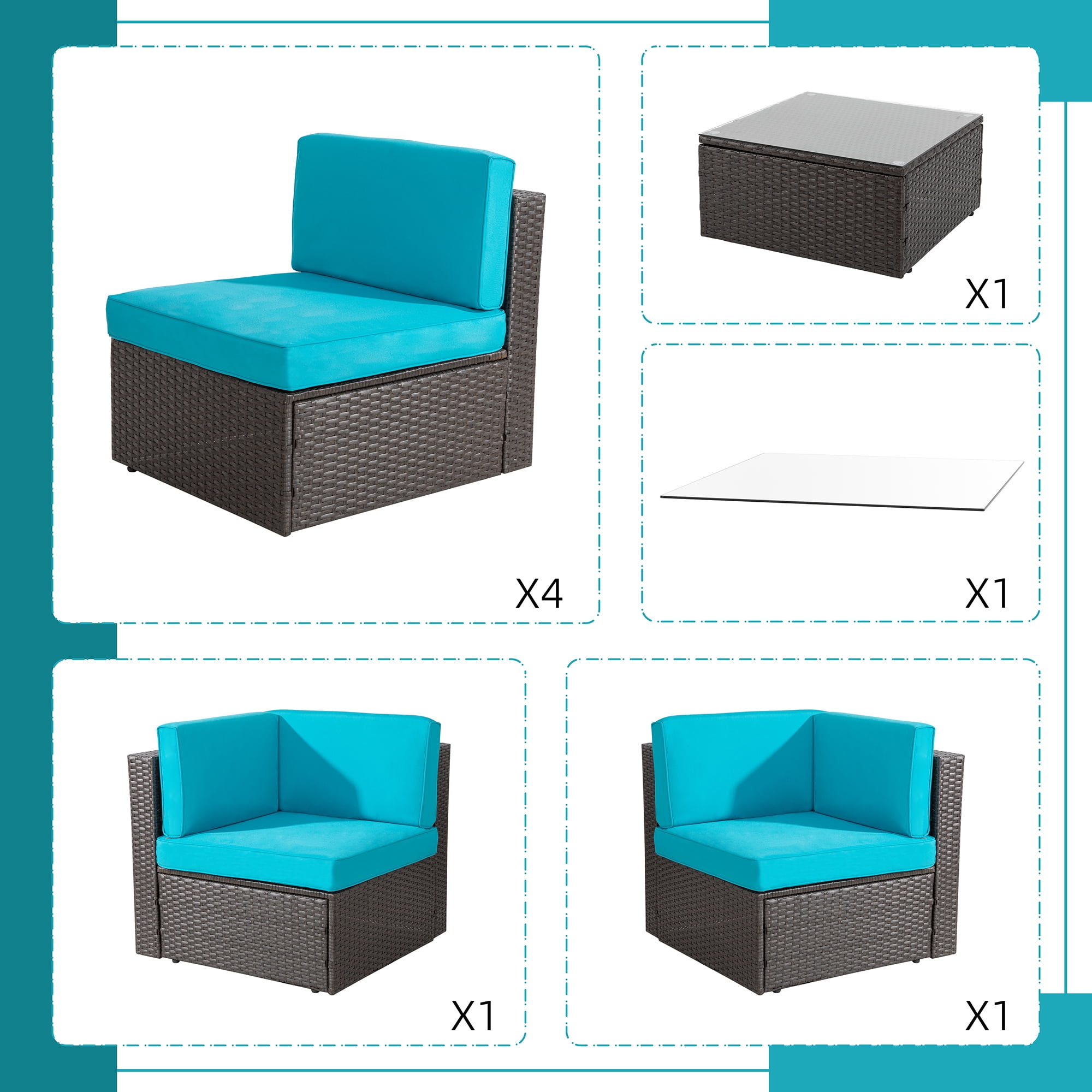 Patio Furniture Set, Walsunny 7 Piece All Weather Outdoor Sectional Sofa, Wicker Patio Conversation Set with Cushions and Tempered Glass Table for Backyard Porch, Blue