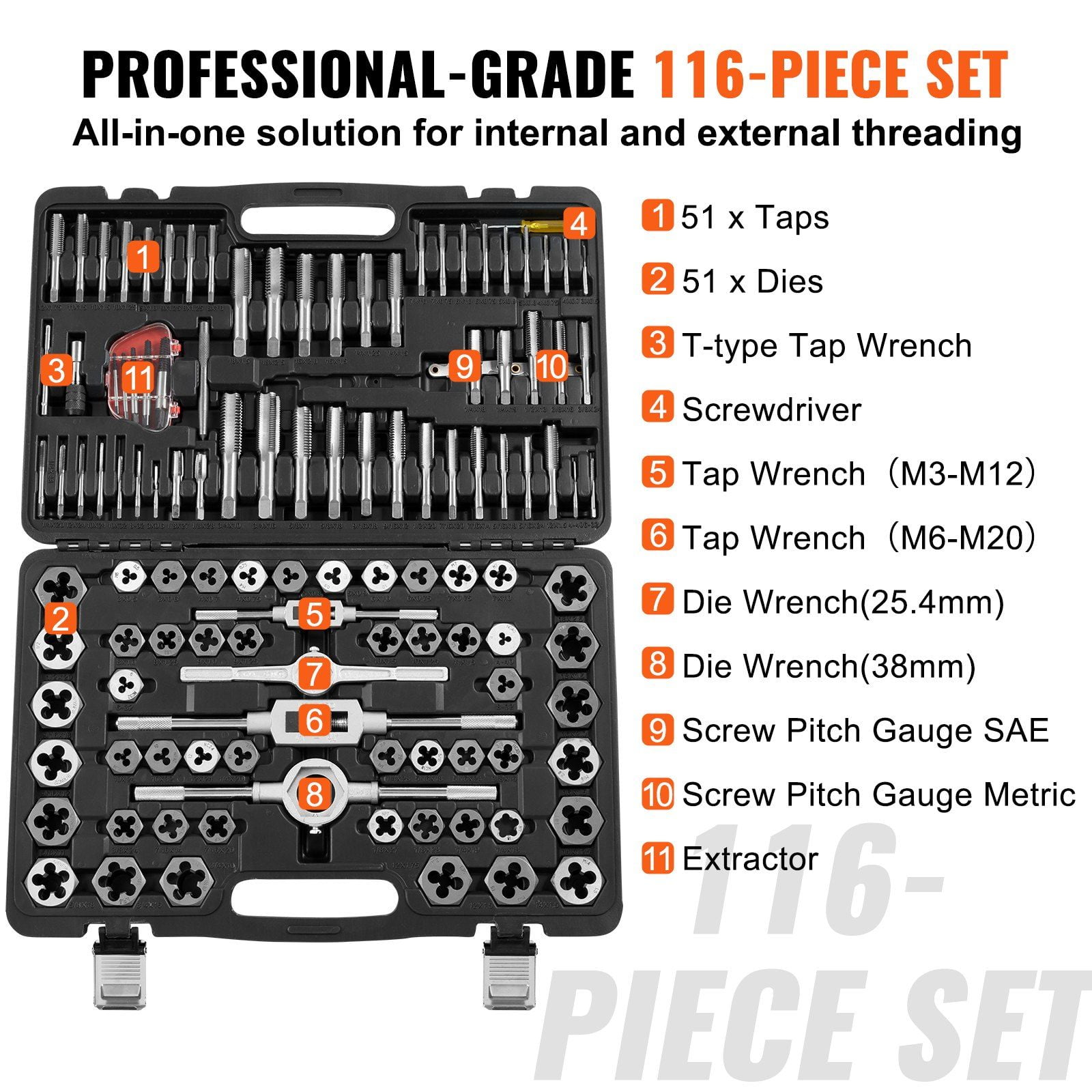 Tap and Die Set 116-Piece, Metric and SAE Size Threading Tools Kit, High Carbon Steel Taps and Dies for Cutting Internal External Threads, with Storage Case and Accessories