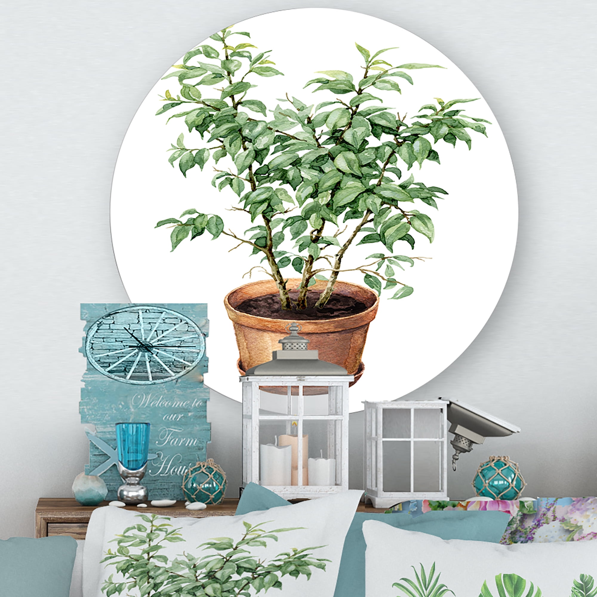 Designart 'Ficus Benjamina Plant In Clay Flowerpot' Traditional Circle Metal Wall Art 23x23 - Disc of 23