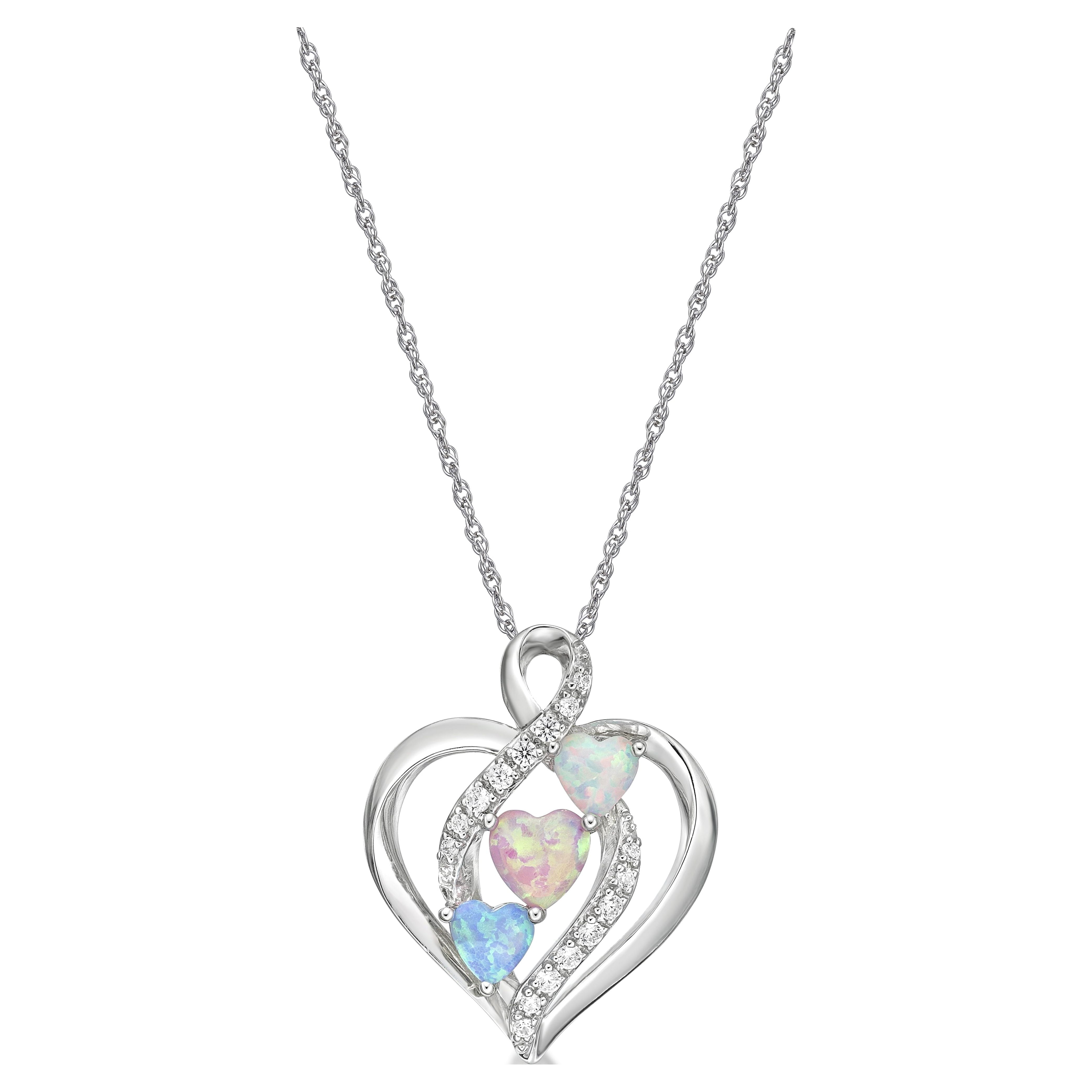 Brilliance Fine Jewelry 925 Sterling Silver Lab Created Blue, Pink and White Opal with Simulated White Diamond Open Halo Heart Pendant on an 18" Fine Rope Chain