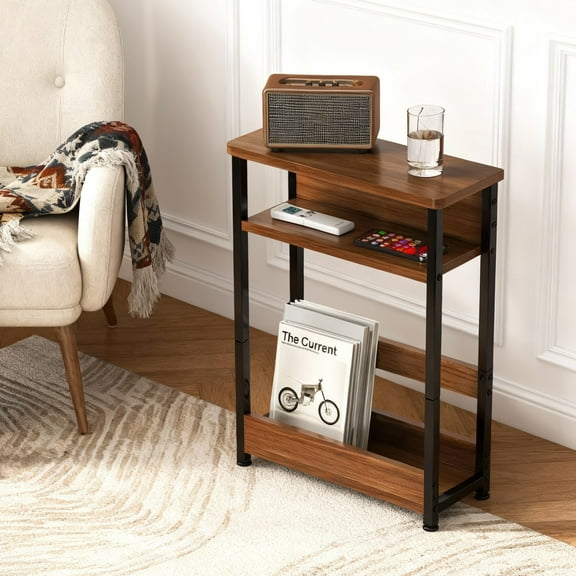 Narrow Side Table, 3-Tier Slim End Table with Storage Shelf, Modern Sofa Thin Side Tables for Narrow and Small Spaces, Skinny Bedside Tables Nightstand with Magazine Rack Space Saving