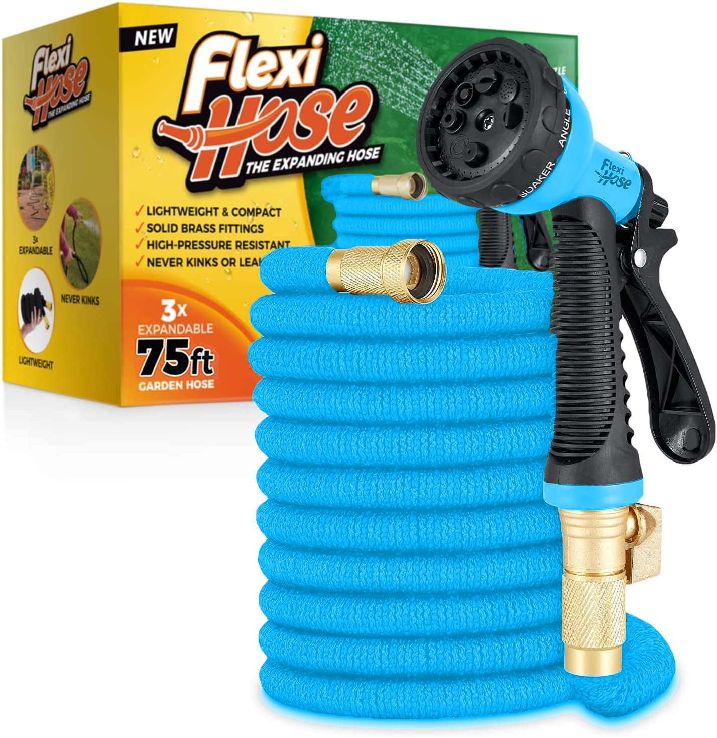 Flexi Hose Expandable Garden Hose 75 FT NoKink Flexible Hose 3/4 Inch Solid Brass Fittings