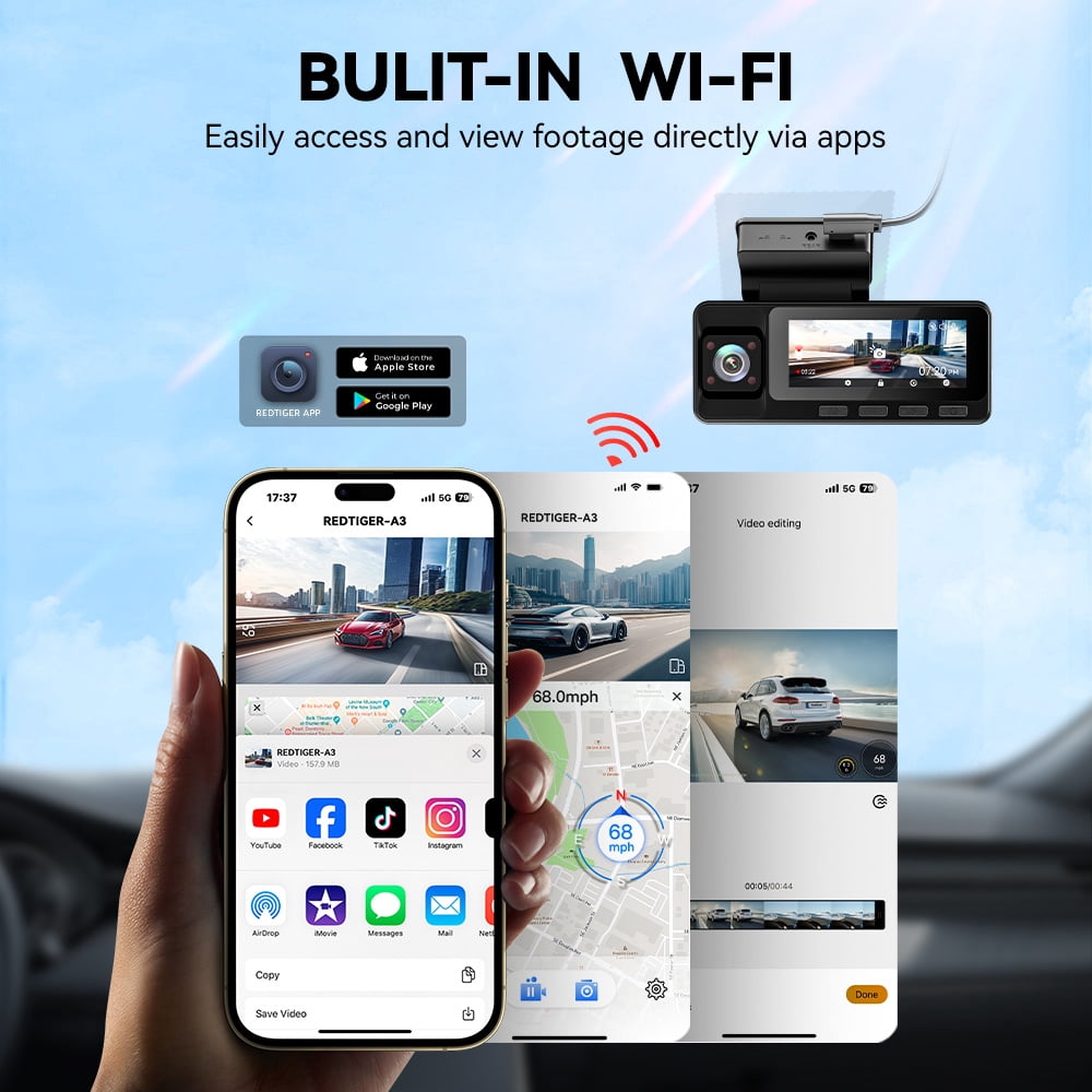 REDTIGER A3 Dash Camera,  3 Channel, 2.5K Front + 1080P Dash Cam Front and Rear and Inside, Free 32GB Card, WiFi Car Security Camera, WDR Night Vision, 24H Parking Monitor