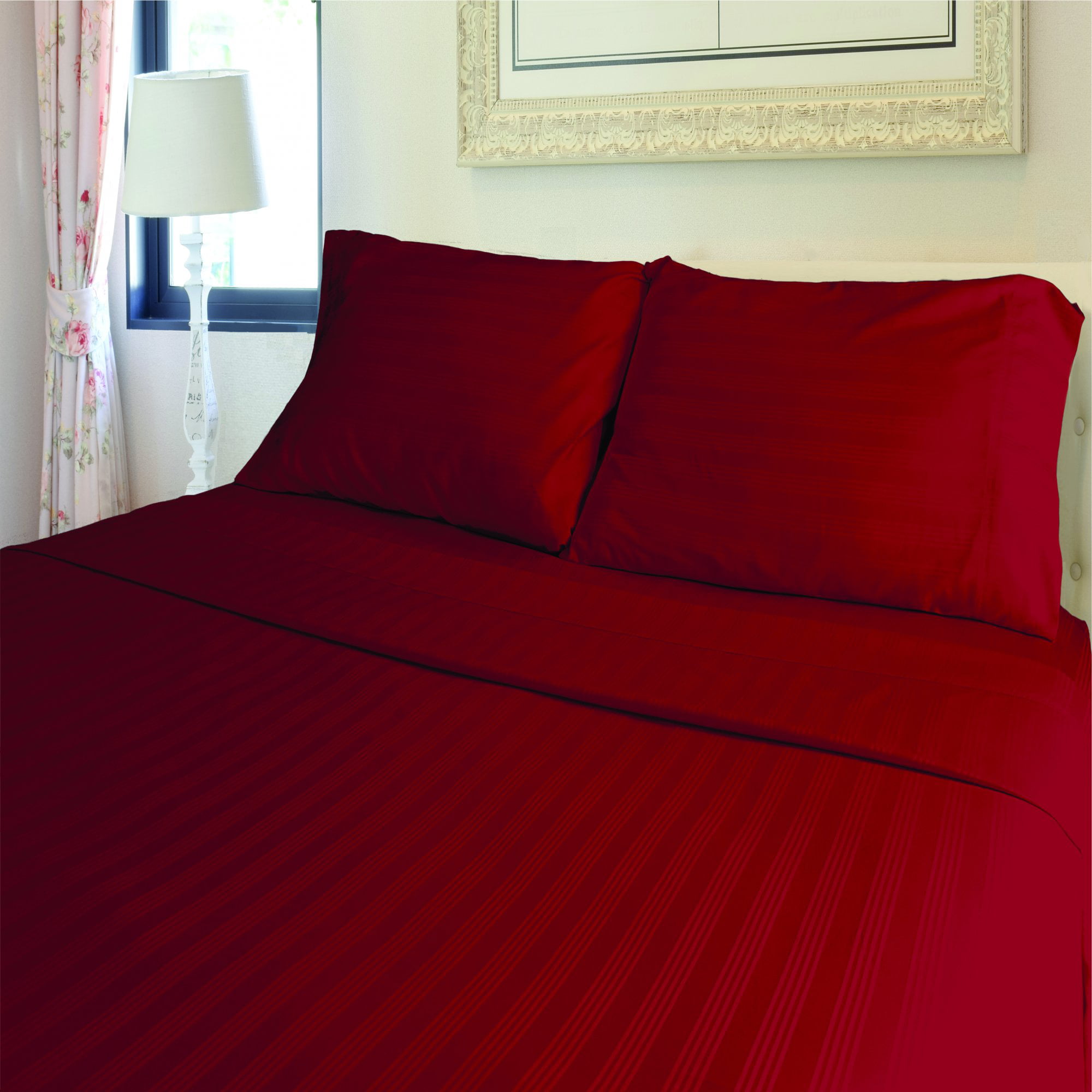 Lavish Touch 100 Cotton 500 TC Sateen Stripe 4pc Sheet Set Queen Tango Red