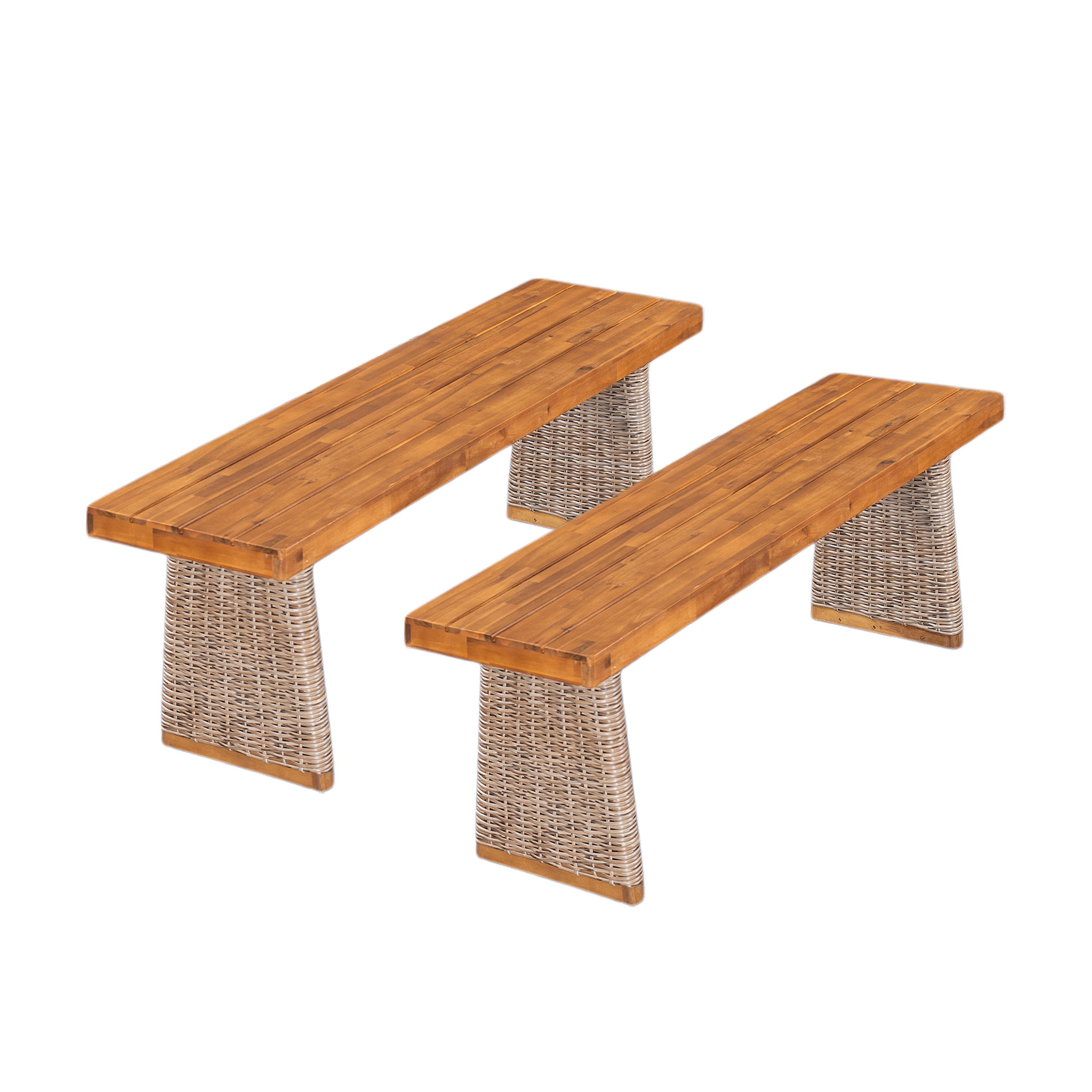 Bench Set of 2, Outdoor Acacia Wood Bench with Brown Wicker for Patio Garden, Teak