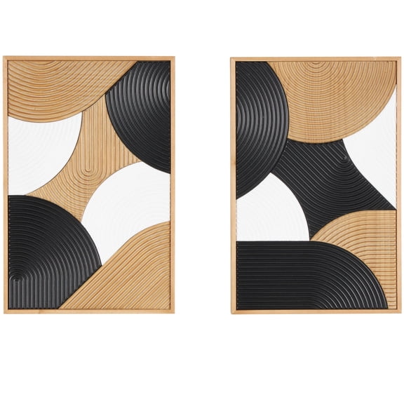 DecMode Brown Wooden Geometric Wall Decor with Black and White Round Forms (2 Count)