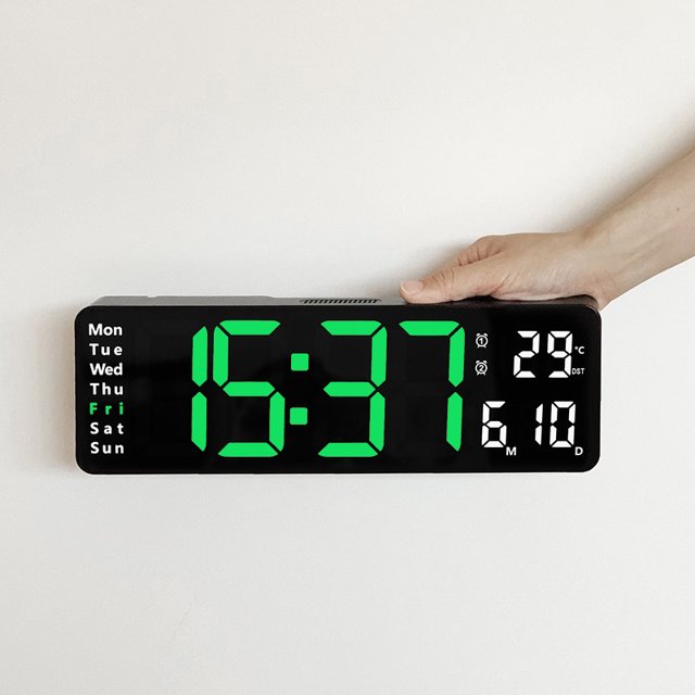 16" Large Digital Wall Clock with Remote Control, Dual Alarm with Big LED Screen Dispaly, 8 RGB Colors, Auto DST, Temperature for Living Room, Bedroom, Desk Decor, Mounted, Gift for Elderly