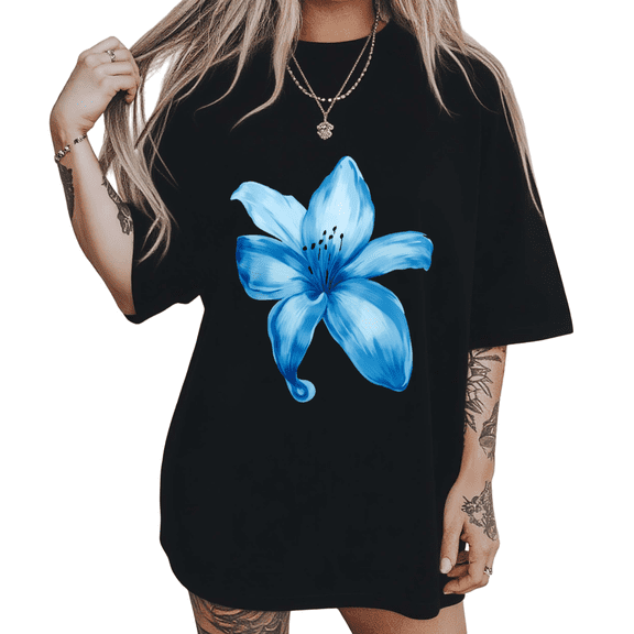 UNISHE Womens Fresh Blue Lily Bloom Design Short Sleeve T-Shirt S-5XL Black Tops